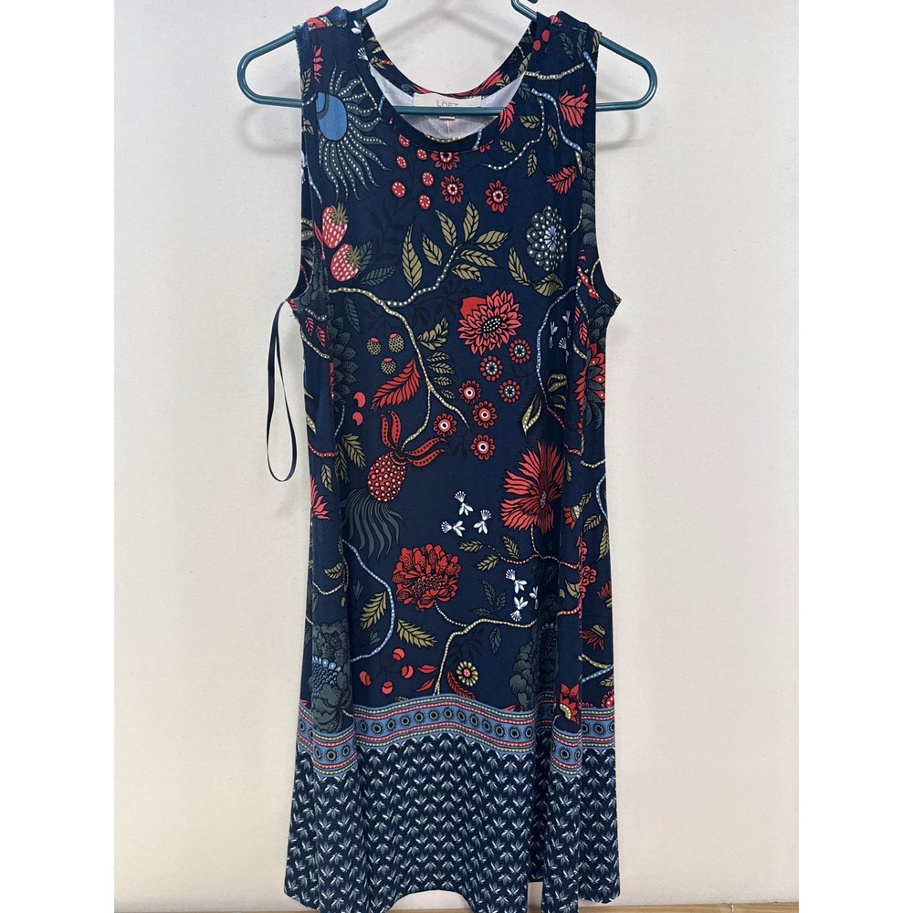 LOFT Womens Small Navy Blue Floral Sleeveless Shift Dress Crew Neck Casual